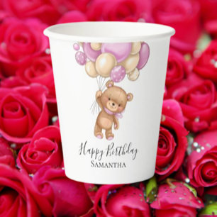 Happy Birthday Teddy Bear Pink Balloons Girl   Paper Cups