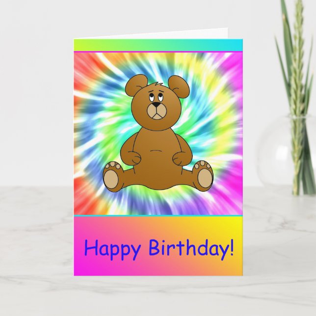 Happy Birthday Teddy Bear Tie Dye Card (Front)