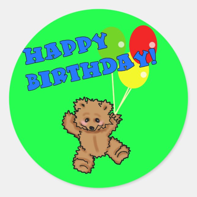 Happy Birthday Teddy Bear with Balloons Classic Round Sticker (Front)