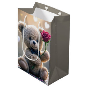 Happy Birthday Teddy Bear With Red Rose Medium Gift Bag