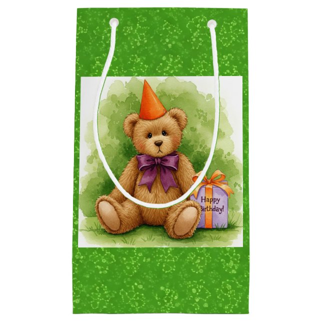 Happy Birthday!, Teddy with a Gift, by Natasha Us  Small Gift Bag (Front)