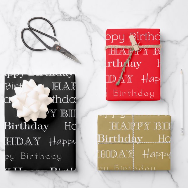 Happy Birthday Text Covered Black Red Gold Wrapping Paper Sheet (Front)