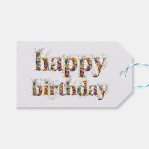 Happy Birthday text design of dried flowers Gift Tags