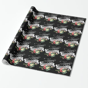 Happy Birthday Text & Flowers On Black Wrapping Paper