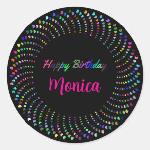 Happy birthday text with colorful hearts classic r classic round sticker