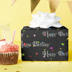 Happy Birthday Text with Confetti Wrapping Paper