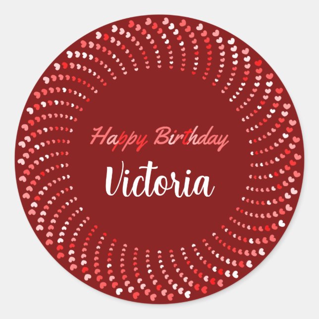 Happy birthday text with red hearts classic r classic round sticker (Front)