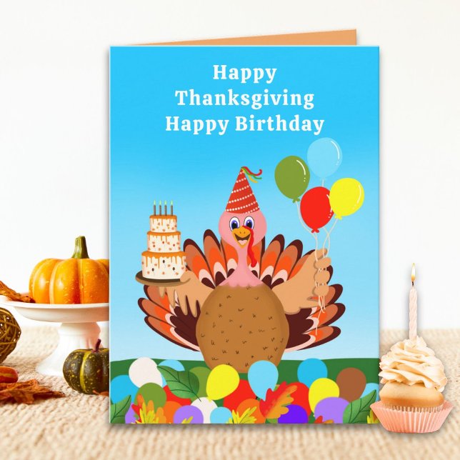 Happy Birthday Thanksgiving Turkey with Cake Card (Creator Uploaded)