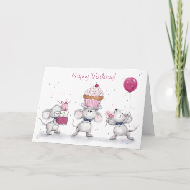 Happy Birthday, Three Cute Mice Celebrating Card (Front)