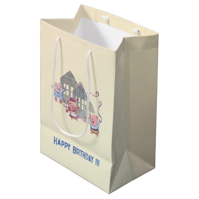 Happy Birthday Three Little Pigs Celebrating   Medium Gift Bag (Front Angled)