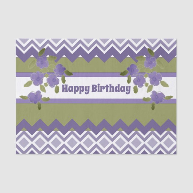 Happy Birthday Tissue Paper In Purple and Olive (Front)