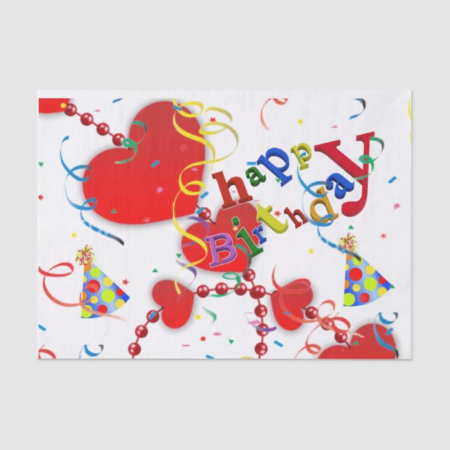 Happy Birthday Tissue Paper Red Hearts (Front)