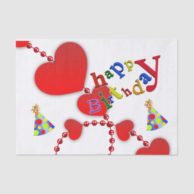 Happy Birthday Tissue Paper Red Hearts (Front)