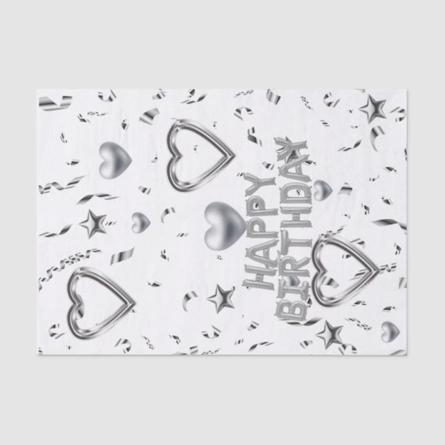Happy Birthday Tissue Paper Silver Hearts (Front)
