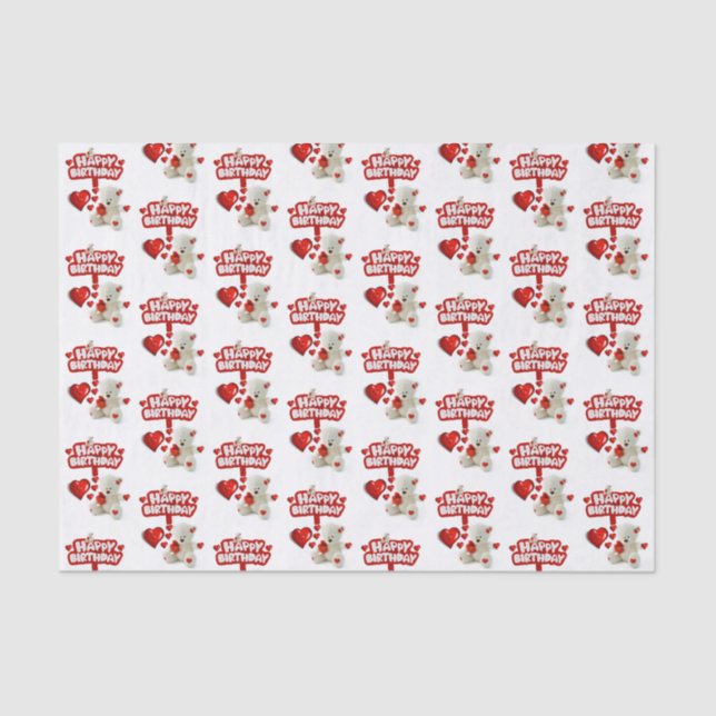 Happy Birthday Tissue Paper White Teddy Bear (Front)