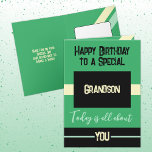 Happy Birthday to a special grandson green black Card<br><div class="desc">Happy Birthday to a special grandson. Today is all about you.
Personalise this card for your grandson using the space inside to add your message.
Designed with the colours green,  black and yellow.</div>
