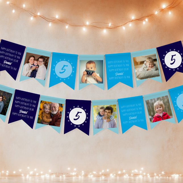 Happy Birthday to You Any Age Photo Blue White Bunting (Happy Birthday Blue Bunting with Photos by Darling & May)