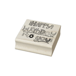 Swirly Happy Birthday Custom Name Rubber Art Stamp