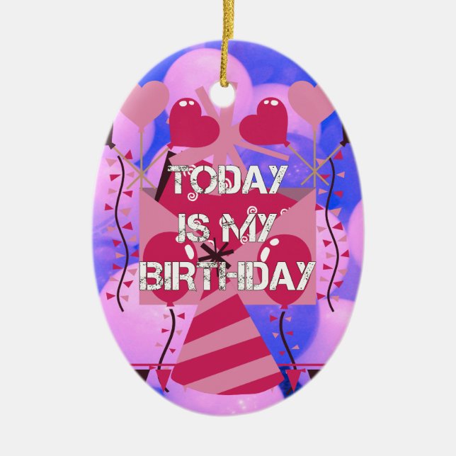 Happy Birthday Today is my Birthday Blue Balloons Ceramic Tree Decoration (Front)
