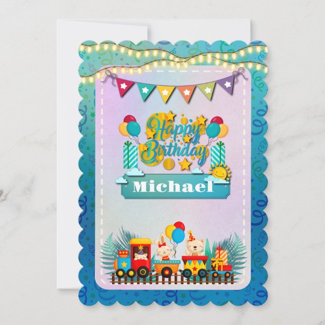 Happy Birthday Train With Cute Animals Wishes (Front)