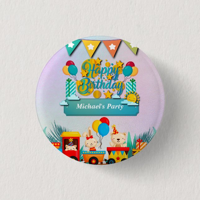 Happy Birthday Train With Cute Animals Wishes 3 Cm Round Badge (Front)