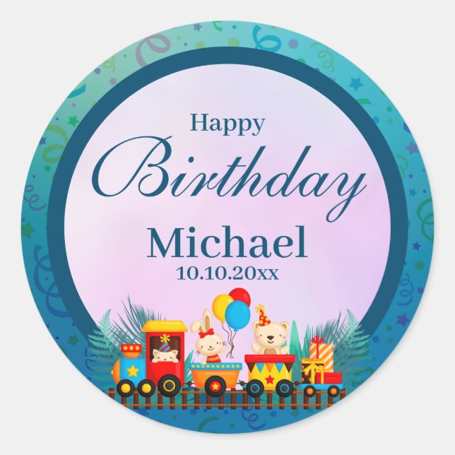 Happy Birthday Train With Cute Animals Wishes Classic Round Sticker (Front)