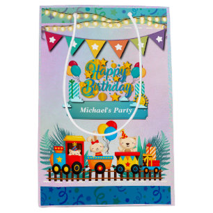 Happy Birthday Train With Cute Animals Wishes Medium Gift Bag