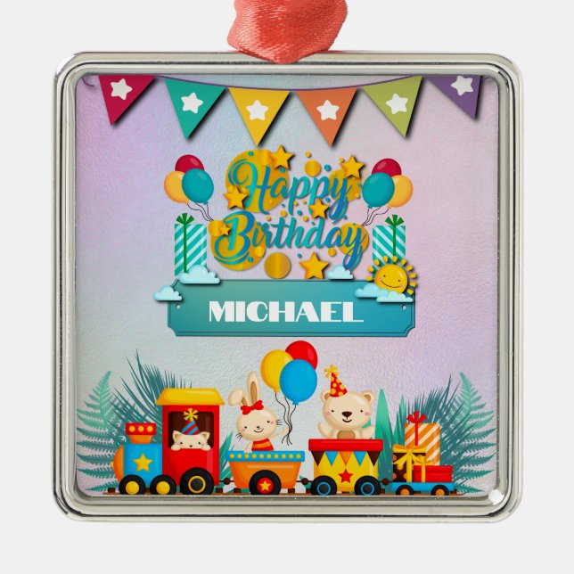 Happy Birthday Train With Cute Animals Wishes Metal Tree Decoration (Front)