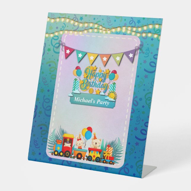 Happy Birthday Train With Cute Animals Wishes Pedestal Sign (Front)