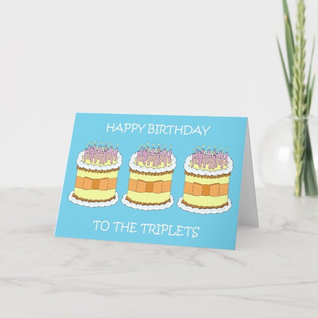 Happy Birthday Triplets Cartoon Cake and Candles Card (Front)