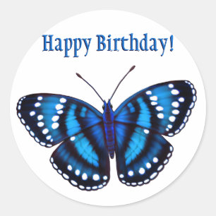Happy Birthday Tropical Blue Butterfly Classic Round Sticker