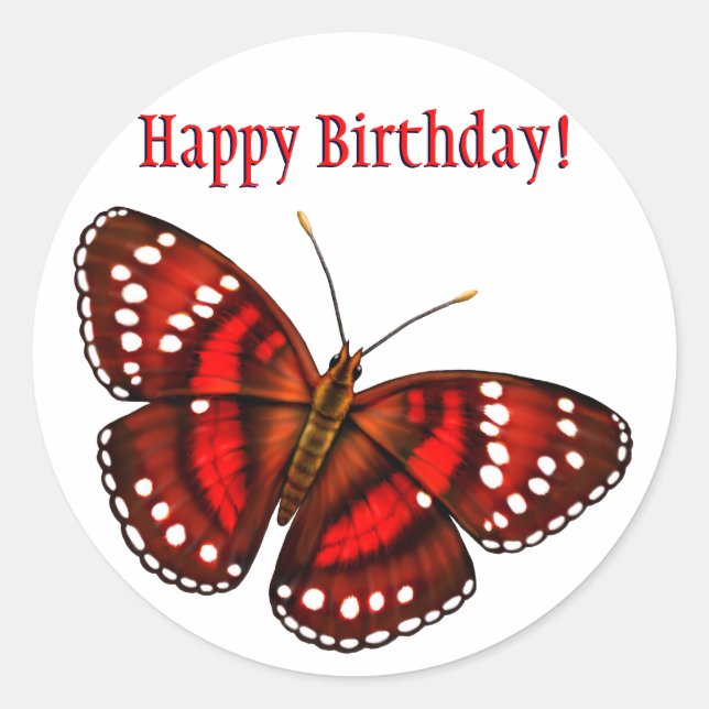Happy Birthday Tropical Cherry Red Butterfly Classic Round Sticker (Front)