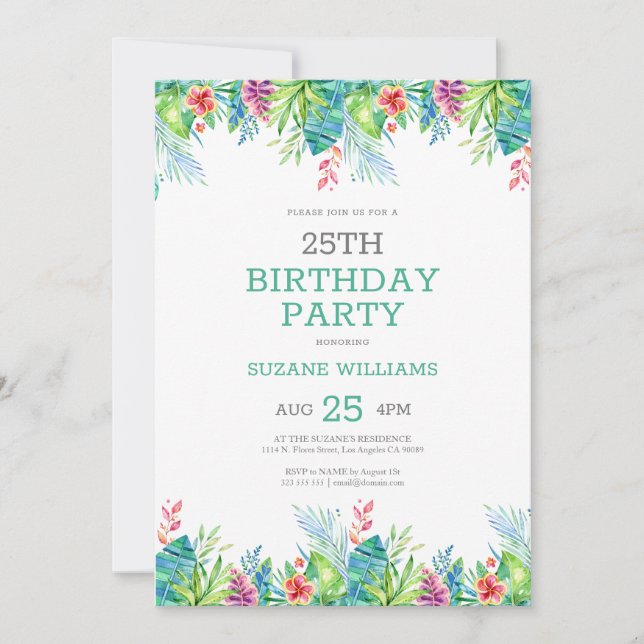 Happy Birthday tropical flowers frame 2 Invitation (Front)