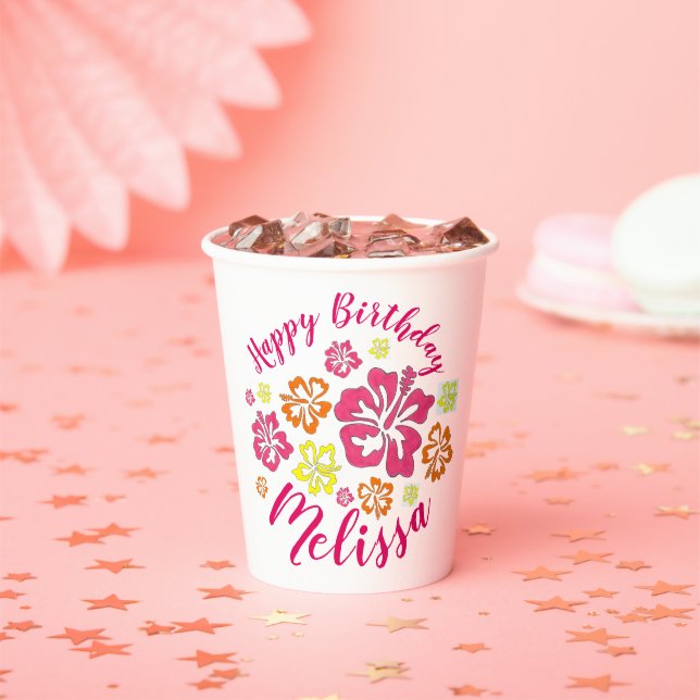 Happy Birthday Tropical Hawaiian Hibiscus Flowers Paper Cups (Insitu)