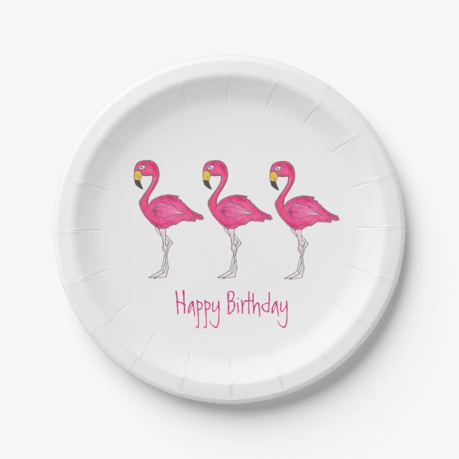 Happy Birthday Tropical Island Pink Flamingo Bird Paper Plate (Front)