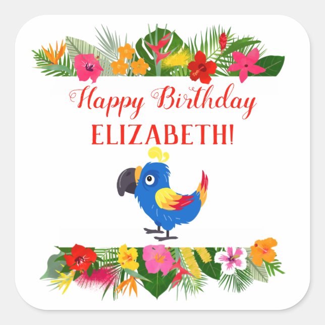 Happy Birthday Tropical Parrot Square Sticker (Front)
