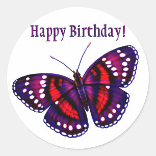 Happy Birthday Tropical Purple Butterfly Classic Round Sticker