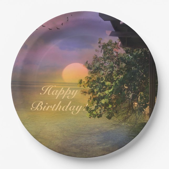 Happy Birthday Tropical Sunset Paper Plate (Front)