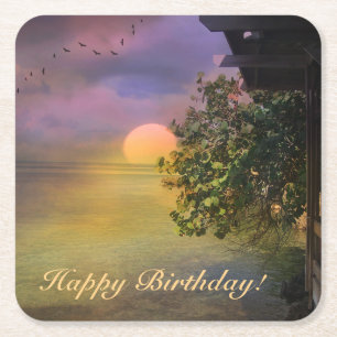 Happy Birthday Tropical Sunset Square Paper Coaster