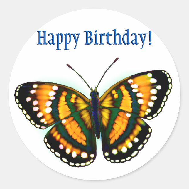 Happy Birthday Tropical Sunshine Yellow Butterfly Classic Round Sticker (Front)