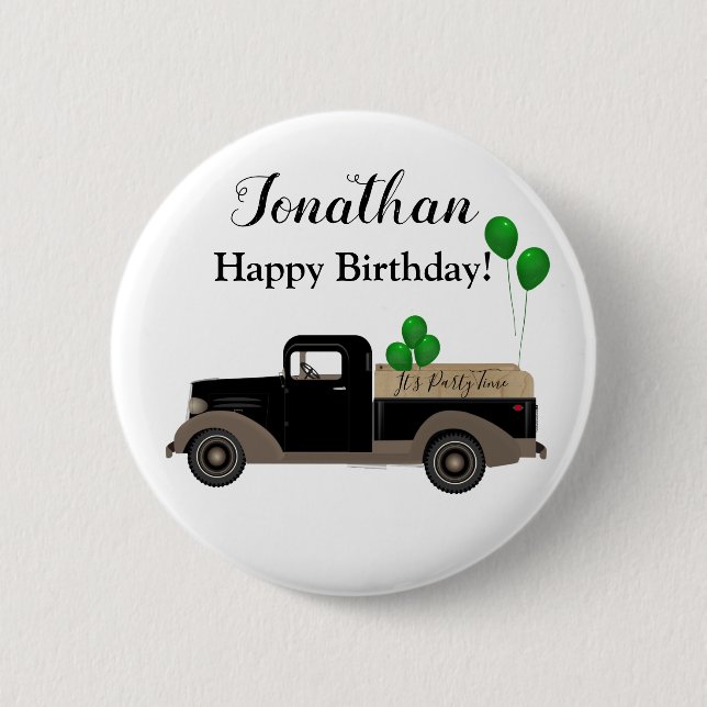 Happy Birthday Truck Balloons Button Pin (Front)