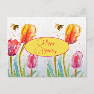 Happy Birthday Tulip floral Pink Red Postcard