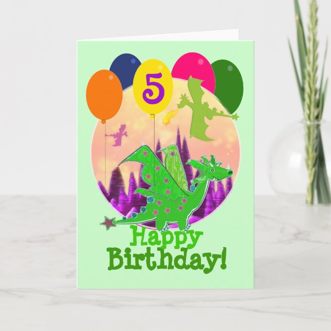 Happy Birthday Turning 5 Balloons Cute Dragon Card (Front)