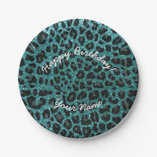 Happy Birthday turquoise glitter leopard Paper Plate