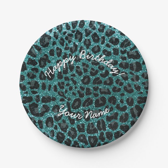 Happy Birthday turquoise glitter leopard Paper Plate (Front)
