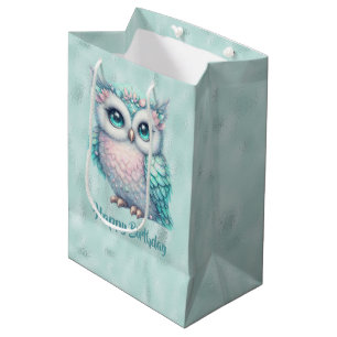 Happy Birthday Turquoise Owl on Shiny Aqua Medium Gift Bag