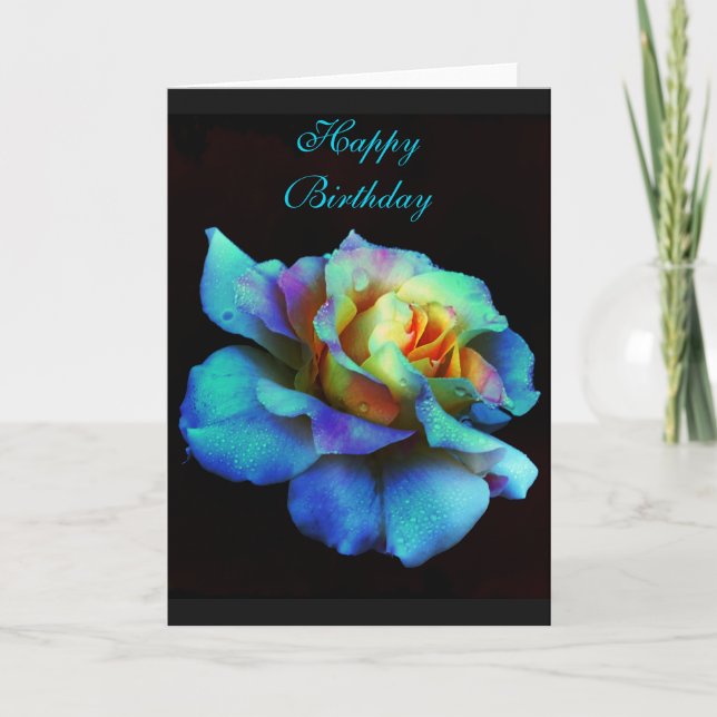 Happy Birthday Turquoise Rainbow Rose Card (Front)