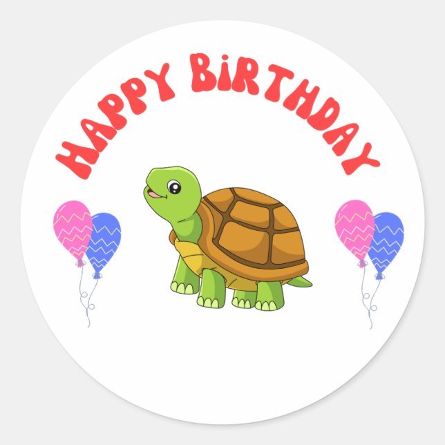 Happy Birthday Turtle Card with Balloons -  Classic Round Sticker (Front)