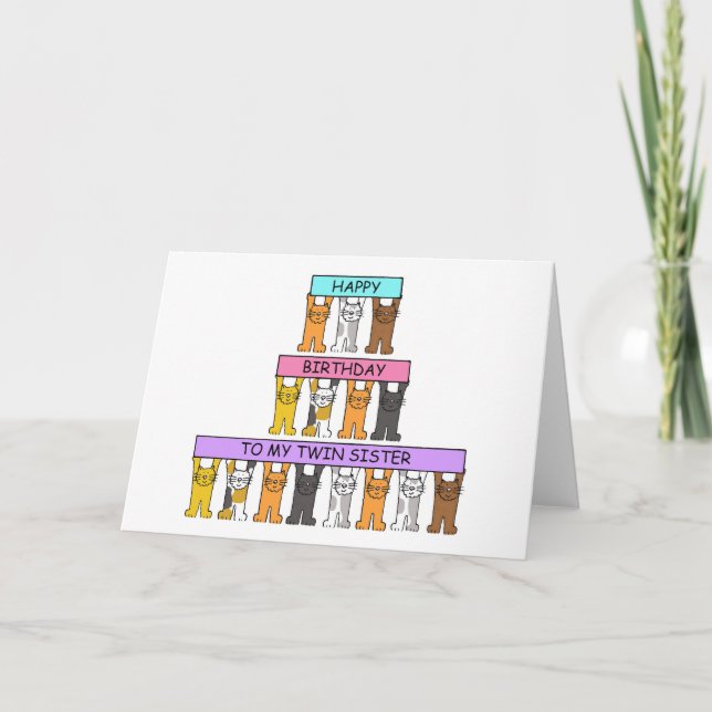 Happy Birthday Twin Sister Cartoon Cats Card (Front)
