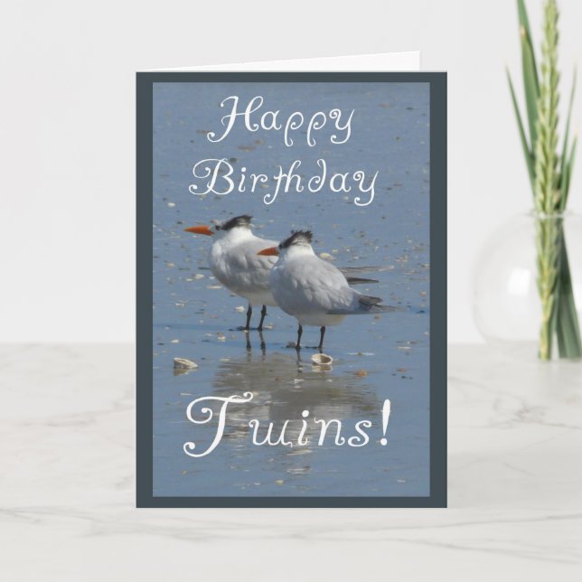 Happy Birthday Twins!-Two Identical Birds on Beach Card (Front)